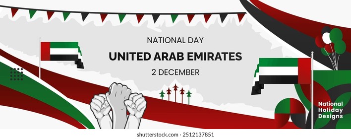 Wide banner for United Arab Emirates National Day. National or Independence Day greeting card with flag and typography. Hands raised as a symbol of spirit. Happy UAE National Day