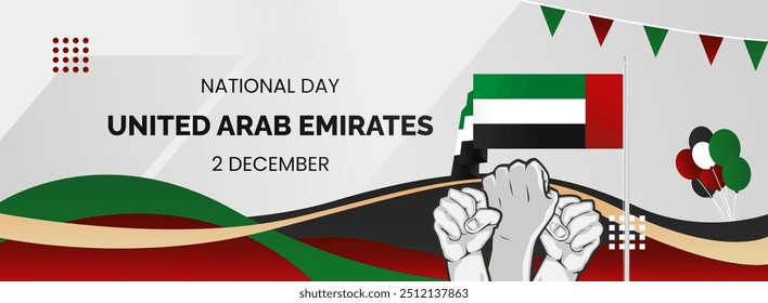 Wide banner for United Arab Emirates National Day. National or Independence Day greeting card with flag and typography. Hands raised as a symbol of spirit. Happy UAE National Day