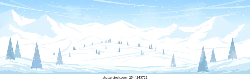 Wide banner with a winter landscape. Snow-covered mountains and hills, trees in snowdrifts. Flat style. Concept of natural winter landscape. Vector illustration.