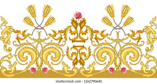 Wide baroque boeder with scrolls, roses and brushes. Seamless vector pattern with jewelry elements. Women's fashon collection. On white background.