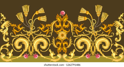 Wide baroque boeder with scrolls, roses and brushes. Seamless vector pattern with jewelry elements. Women's fashon collection. On brown background.