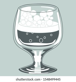 wide beer glass on the leg in which ale, carbonated drink or cocktail is poured, the liquid is bubbling, monochrome color vector illustration in gray colors