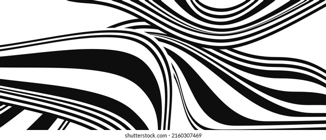 Wide bend black and white stripes, abstract banner. Monochrome vector architecture background. Contrast lines