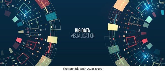 Wide Big data visualization. Information analytics concept. Abstract stream information with circles array and binary code. Filtering machine algorithms. Sorting data. Vector technology background.