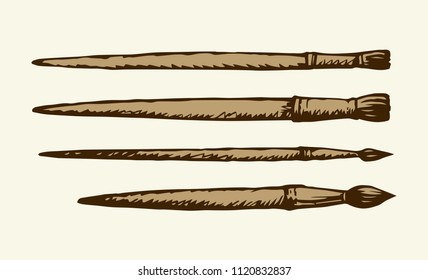 Wide big old plastic acrylic brush isolated on white backdrop. Freehand outline ink hand drawn object sketchy in antique artsy scribble design style pen on paper. Closeup view with space for text