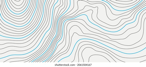 The wide, black and blue on white contours vector topography stylized height of the lines. Concept of a conditional geography scheme and the terrain path. Map on land vector terrain Illustration. EPS