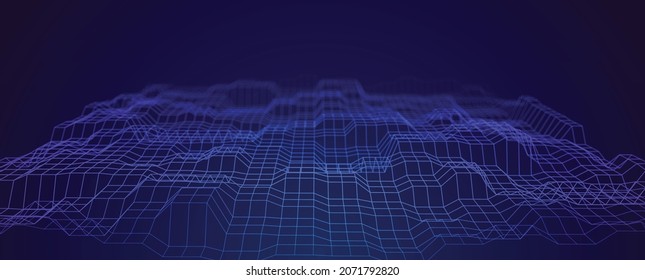 Gran Textura de fondo de la huella azul negra. RetroOnda de Vaporwave de perspectiva con efecto de profundidad de campo (DoF). Vector para su diseño gráfico. 