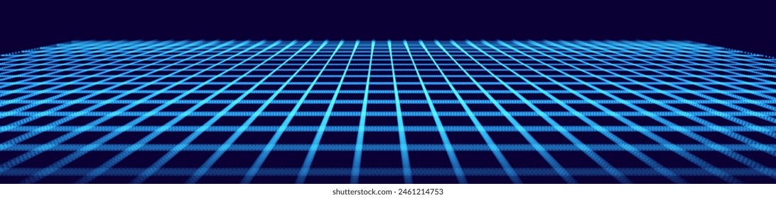 Wide Black Blueprint Background Texture. Perspective Grid with Depth of Field Effect (DoF). Vector for Your Graphic Design.