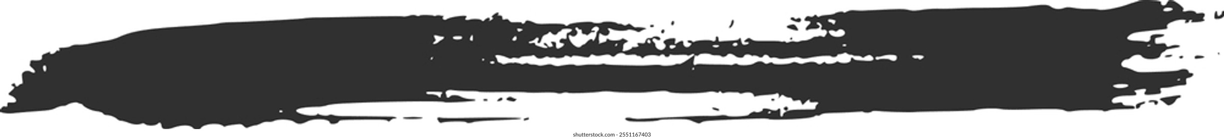 Wide black paint brush stroke with jagged edges creating a textured banner across a clean white background, suitable for adding a touch of artistic grunge to designs