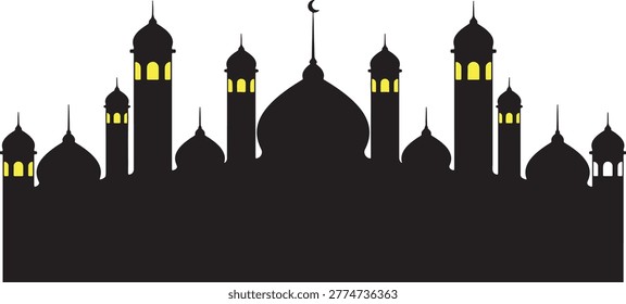 Wide black silhouette of large islamic complex featuring many domes and lit windows for eid mubarak celebration.