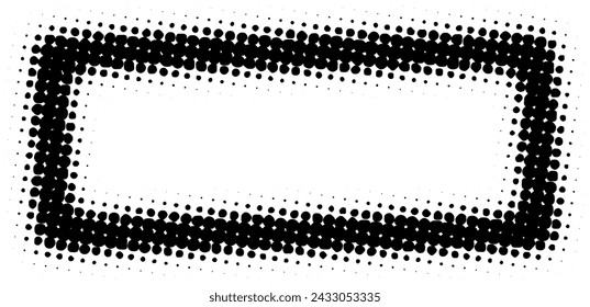 A wide, black and white image featuring a rectangular border composed of a double-layer dot matrix with a diminishing dot size towards the center.