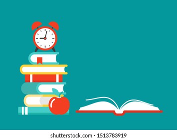 Wide blue background with stack of books, red apple and alarm clock. Flat wallpaper or banner. Vector illustration. Knowledge logo. Education presentation. Study and learn symbol