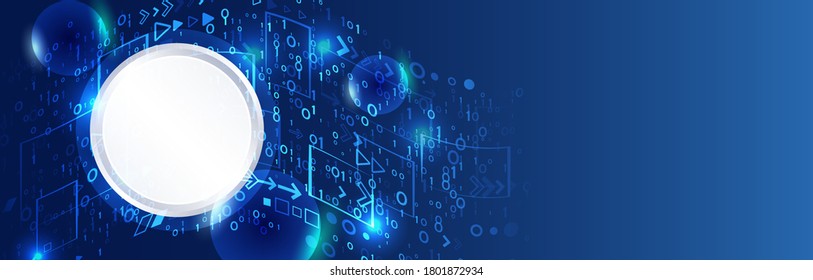 Wide Blue background with various technological elements. Hi-tech computer digital technology concept. Abstract technology communication vector illustration.