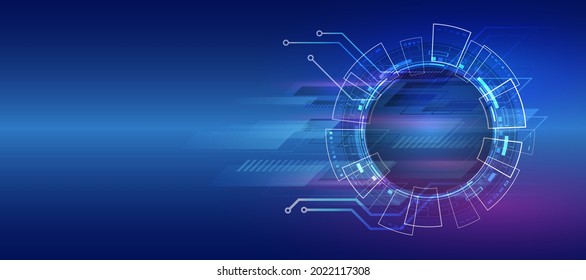 Fondo azul amplio con varios elementos tecnológicos. Concepto de tecnología digital para computadoras de alta tecnología. Resumen de la ilustración vectorial de la comunicación de la tecnología.