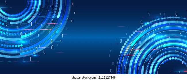 Wide Blue background with various technological elements. Hi-tech computer digital technology concept. Abstract technology communication vector illustration.