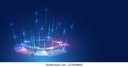 Wide Blue background with various technological elements. Abstract circle technology communication, vector illustration. Hi-tech computer digital technology concept. 