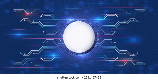 Wide Blue background with various technological elements. Abstract circle technology communication, vector illustration. Hi-tech computer digital technology concept.