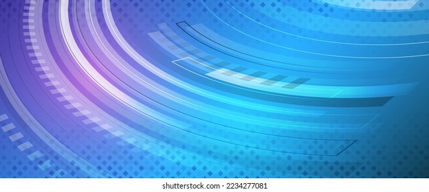 breiter blauer Hintergrund mit verschiedenen technologischen Elementen. Abstrakte Technologie-Kommunikation, Vektorgrafik. High-Tech-Computer-Digitaltechnik-Konzept.