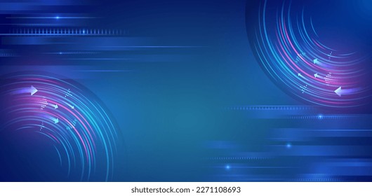 Wide Blue background with various technological elements. Abstract circle technology communication, vector illustration. Futuristic design for presentation. Hi-tech computer digital technology concept