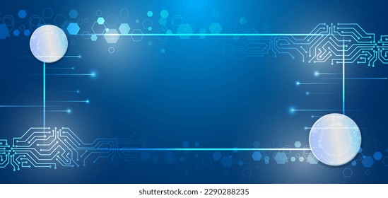 Wide Blue background with various technological elements. Abstract technology communication, vector illustration. Futuristic design for presentation. Hi-tech computer digital technology concept. 