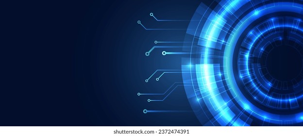 Wide Blue background with various technological elements. Abstract circle technology communication, vector illustration. Futuristic design for presentation. Hi-tech computer digital technology concept