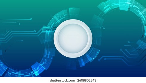 Wide Blue background with various technological elements. Abstract circle technology communication, vector illustration. Futuristic design for presentation. Hi-tech computer digital technology concept