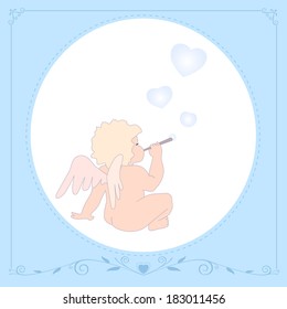 Wide blue rectangle frame with beautiful graceful dark-blue pattern. In white circle in centre is funny little angel blowing blue soap-bubbles. They change shape from circle to heart shape. 