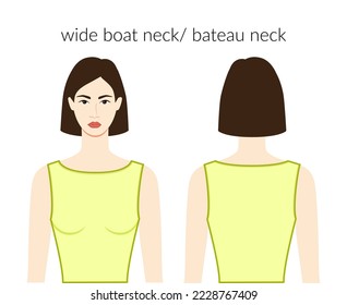 Wide boat bateau neckline clothes character beautiful lady in yellow top, shirt, dress technical fashion illustration. Flat apparel template front, back sides. Women, men unisex CAD mockup