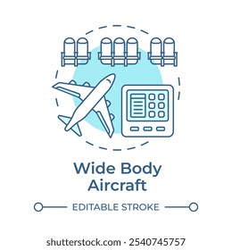 Wide body aircraft soft blue concept icon. Aviation services, transportation. Round shape line illustration. Abstract idea. Graphic design. Easy to use in infographic, presentation