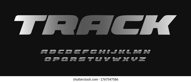 Wide bold metal font. Track style letters collection for sport, auto, moto and velo industry design. Stainless typography design