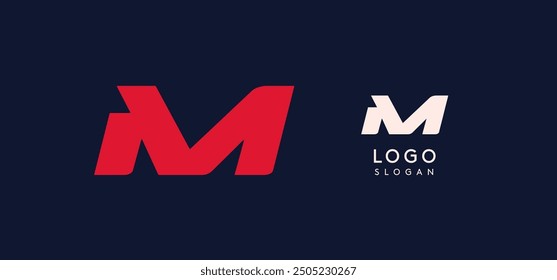 Wide bold red letter M, modern dynamic logo for business identity of technological, automotive and sports business. Vector illustration.