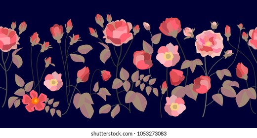 Wide border with bloomig roses. Abstract floral ornaments with English vintage motifs. On black background.