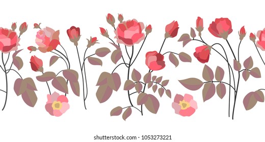 Wide border with bloomig roses. Abstract floral ornaments with English vintage motifs. On white background.