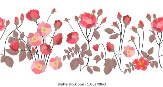 Wide border with bloomig roses. Abstract floral ornaments with English vintage motifs. On contrast background.