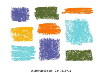 Colección de trazos de vectores de carbón vegetal de colores vivos. Texturas de lápiz de diferentes formas. Grunge la colorida colección de garabatos de lápiz. Dibujar carteles y formas con textura áspera.