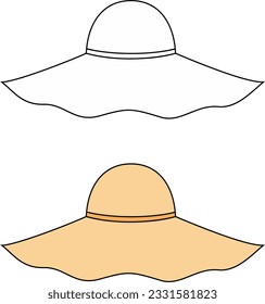 Wide brim floppy summer hat. Headgear apparel design. Women CAD mockup. Fashion technical drawing template. Vector illustration. 