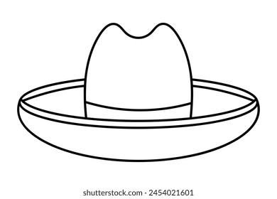 Wide brim hat. Sketch. Headgear to protect the head from heat stroke. Vector illustration. Outline on isolated background. Coloring book for children. Doodle style. Summer head accessory. 