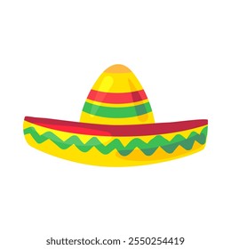 Wide brim sombrero straw hat with traditional pattern. Element of Hispanic holiday Cinco De Mayo. Mexican holiday icon. Simple cartoon vector element isolated on white background