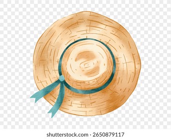 Wide brim straw hat with green ribbon, watercolor summer beach fashion accessory, isolated vector.