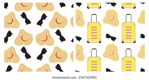 Wide brimmed hat, sunglasses and travel suitcase Seamless patterns Set 2. World Tourism Day backdrop