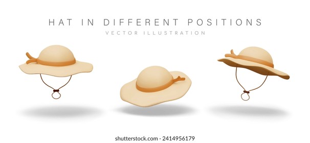 Wide brimmed hat with ties. Travel accessory, head protection from sun. Set of vector realistic objects on white background. Summer clothes. Beach items