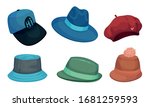 Wide Brimmed Hats and Headdresses Isolated on White Background Vector Set
