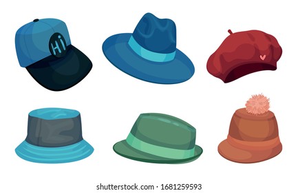 Wide Brimmed Hats and Headdresses Isolated on White Background Vector Set