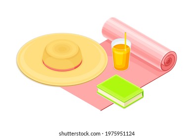 Wide Brimmed Straw Hat Rested on Beach Towel with Refreshing Drink and Book as Beach Vacation Isometric Vector Composition