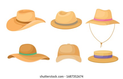 Wide Brimmed Textile Hats and Cap for Male and Female Vector Set