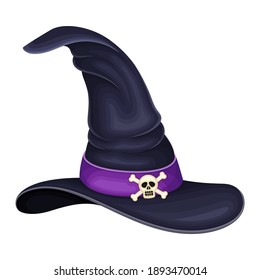 Wide Brimmed Witch Black Hat with Conical Crown and Strap with Skull Vector Illustration