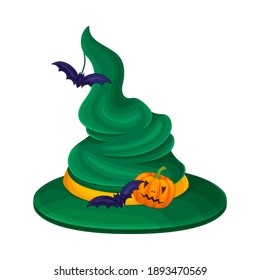 Wide Brimmed Witch Green Hat with Conical Crown and Ribbon with Bat Vector Illustration