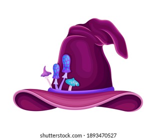 Wide Brimmed Witch Hat with Conical Crown and Thin Ribbon with Fantastic Mushrooms Vector Illustration