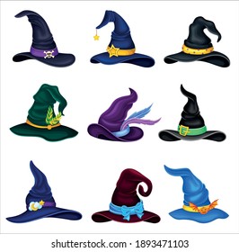 Wide Brimmed Witch Hats with Conical Crown, Ribbon, and Buckle Vector Set