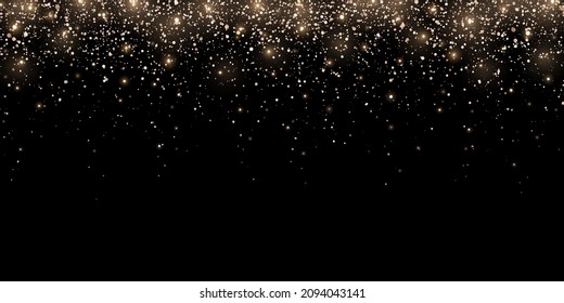 Wide bronze gold glitter holiday confetti with glow lights on black background. Vector